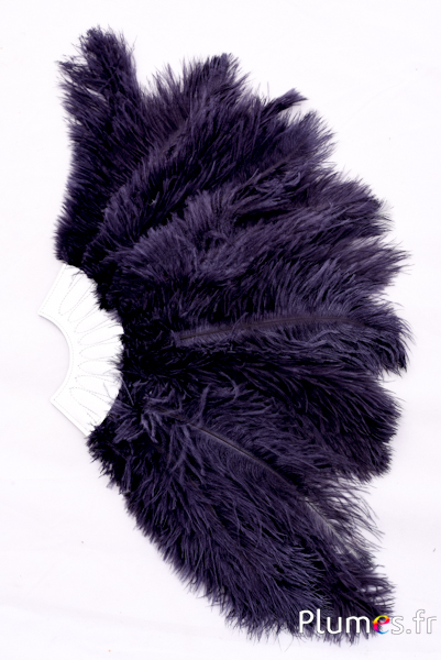 Éventail en plumes d’autruche - 20 plumes, cuir blanc - noir